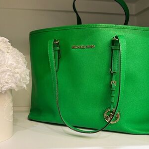 Michael Kors Bright Green Saffiano Tote with Gold Hardware